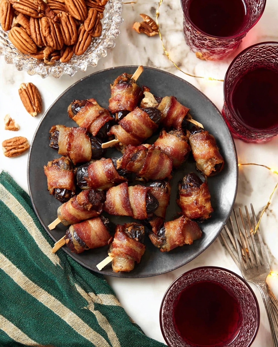 A dark round plate filled with tightly packed bacon-wrapped dates, each piece secured with a small wooden toothpick, showing a mix of crispy brown bacon and dark, glossy dates inside. The plate sits on a white marbled surface scattered with whole almonds. Near the top left, a clear glass bowl is filled with whole pecans, and near the top right, two glasses of deep red liquid are visible with textured patterns. A silver serving fork rests at the bottom right edge of the plate, and a green and striped cloth napkin is partially visible at the bottom. photo taken with an iphone --ar 4:5 --v 7