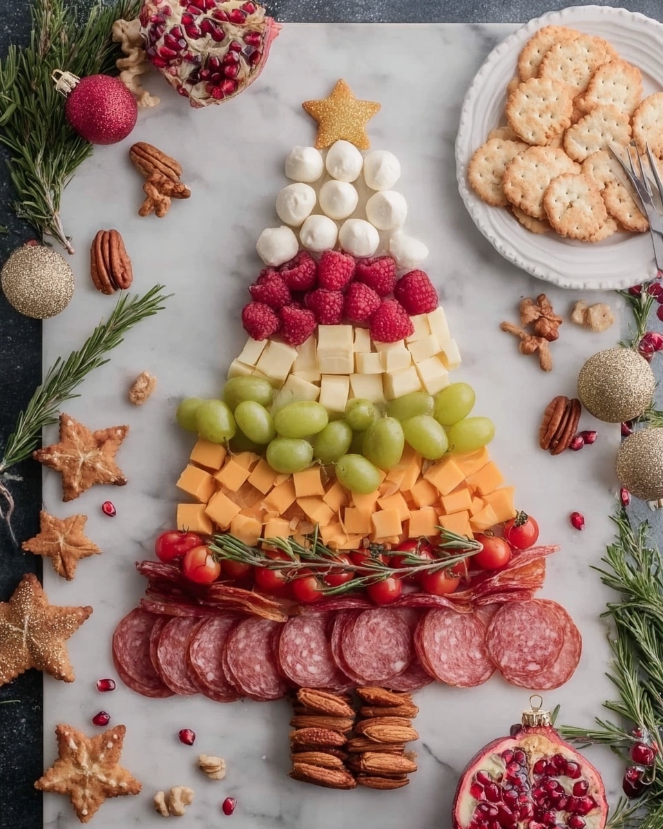 A festive Christmas tree made from different food layers is placed on a white marbled surface. The tree has seven layers: at the top are small white mozzarella balls arranged in a pointed shape, below them are slices of round salami in a fan shape, followed by yellow cheese cubes, then a layer of red raspberries, green grapes, thinly folded cured meat, orange and yellow cheese cubes, red grape tomatoes, small white mozzarella balls, and finally another layer of folded salami at the base. The tree trunk is made from stacked almonds. Around the tree are scattered pomegranate seeds, pecans, star-shaped and tree-shaped cookies, a white plate with crackers and a small fork resting on it, holiday ornaments, and sprigs of rosemary decorating the tree. photo taken with an iphone --ar 4:5 --v 7