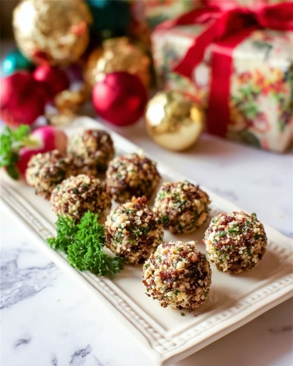 The image shows eight small round cheese balls placed on a white rectangular plate with raised edges. Each cheese ball is coated in a mixture of chopped nuts and green herbs, giving them a rough, textured look with colors of brown, green, and cream. At the back left corner of the plate, there is a small garnish of parsley and a single radish, adding a fresh green and red touch. Behind the plate, there are blurred Christmas decorations consisting of gold and red ornaments and festive wrapped gifts, all set on a white marbled surface. Photo taken with an iphone --ar 4:5 --v 7