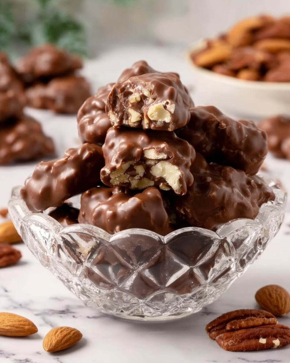 A clear glass bowl filled with smooth milk chocolate-covered pecan clusters sits on a white marbled surface. The clusters are rounded with glossy chocolate coating and some small texture bumps showing the pecans inside. On top of the pile, two clusters are cut open, showing a light beige pecan half inside the chocolate shell. In the background, there is a white plate filled with plain pecan halves, and a clear jar with more chocolate-covered pecans sits behind it. Several loose pecan halves are scattered around the bowl on the white marbled surface. photo taken with an iphone --ar 4:5 --v 7
