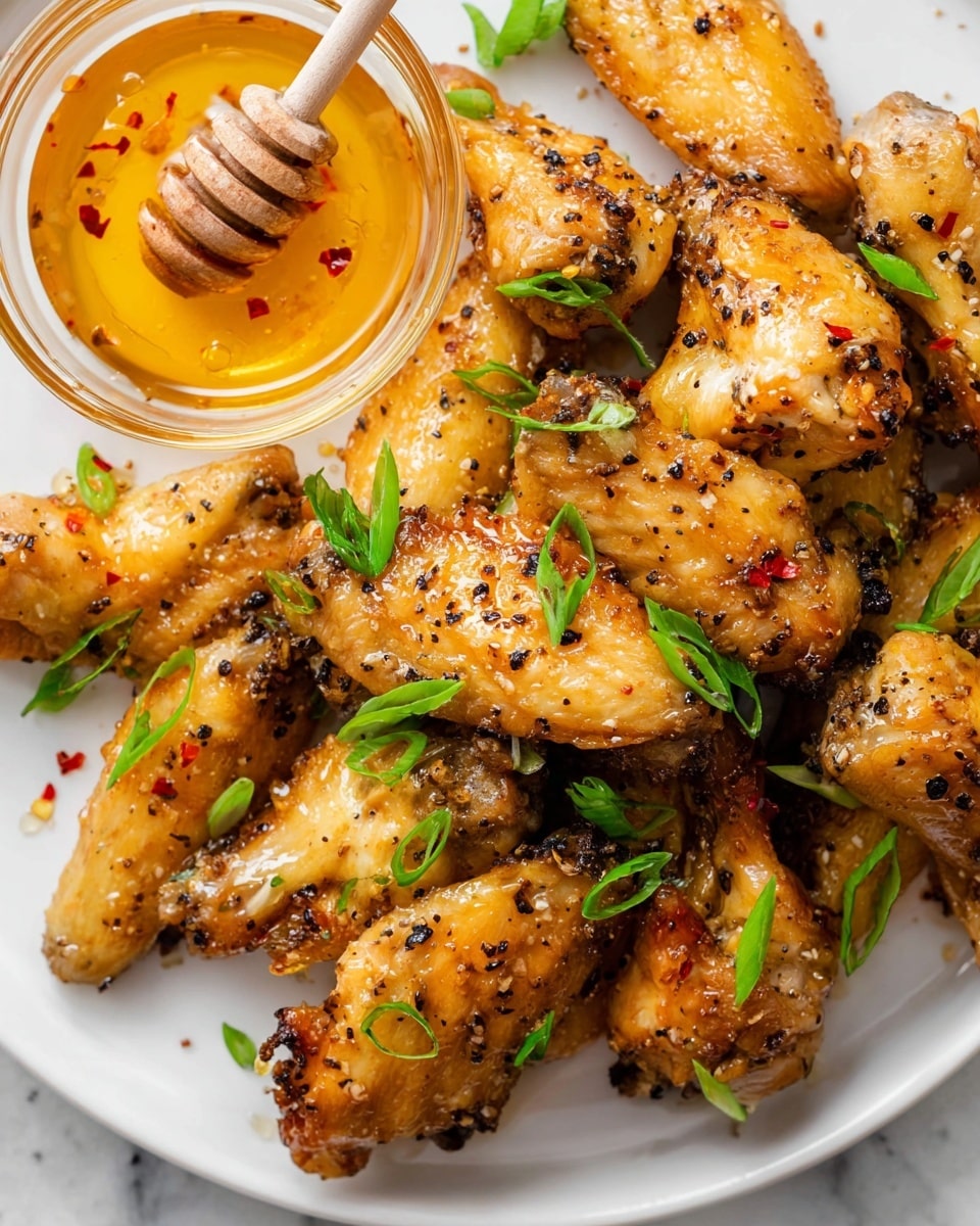 This image shows a white plate full of cooked chicken wings that are golden brown and glossy with seasoning and small black pepper spots. The wings are topped with fresh, chopped green onions, adding bright green color and freshness. On the top left side of the plate, there is a small glass bowl filled with golden honey mixed with red chili flakes, with a wooden honey dipper resting inside. The background is a white marbled texture. photo taken with an iphone --ar 4:5 --v 7