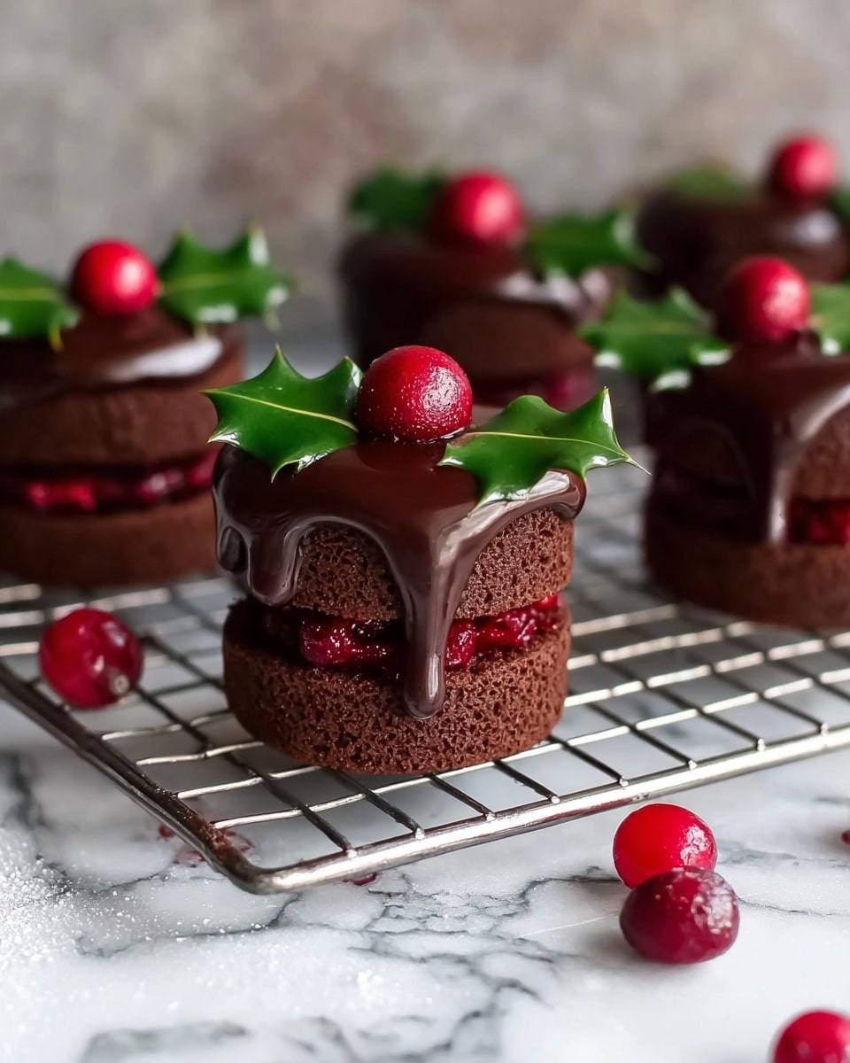 The image shows small, round chocolate cakes placed on a metal cooling rack over a white marbled surface. Each cake has two layers of dark brown chocolate sponge with a bright red filling in the middle. The top layer is covered with thick, glossy dark chocolate ganache that drips down the sides. A green holly leaf and a shiny red cherry-like berry decorate the top of each cake. Some extra red berries are scattered around on the white marbled surface. Photo taken with an iphone --ar 4:5 --v 7