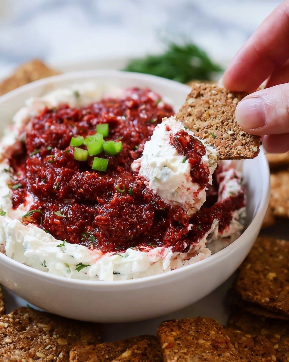 A white bowl filled with a layered dip consisting of a thick white creamy base topped with a chunky, deep red reddish-purple mixture, garnished with a few small pieces of green pepper in the center. A woman's hand is holding a seeded brown cracker dipped into the mixture, showing a mix of the white creamy base and the red topping on the cracker. In the background, there are more seeded crackers in the bowl and some green leafy garnish on a white marbled surface. photo taken with an iphone --ar 4:5 --v 7