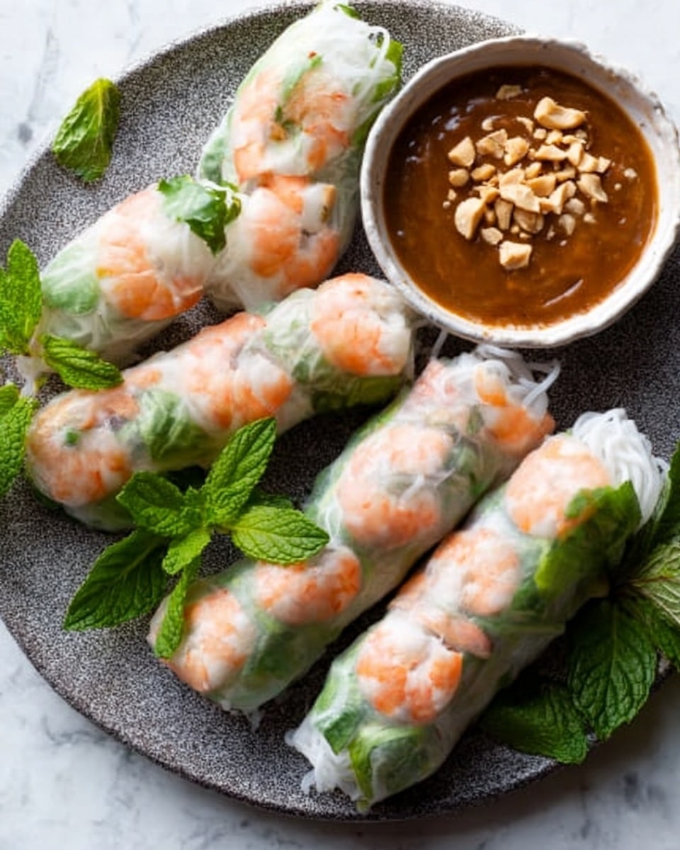 The image shows five fresh spring rolls wrapped in translucent rice paper, revealing bright pink shrimp, green lettuce, and white rice noodles inside. The rolls are laid on a round white plate with a rough texture that looks like slate. Next to the rolls is a small white bowl filled with brown dipping sauce topped with crushed peanuts. Fresh green mint leaves are placed around the rolls for garnish. The background is a white marbled texture. Photo taken with an iphone --ar 4:5 --v 7