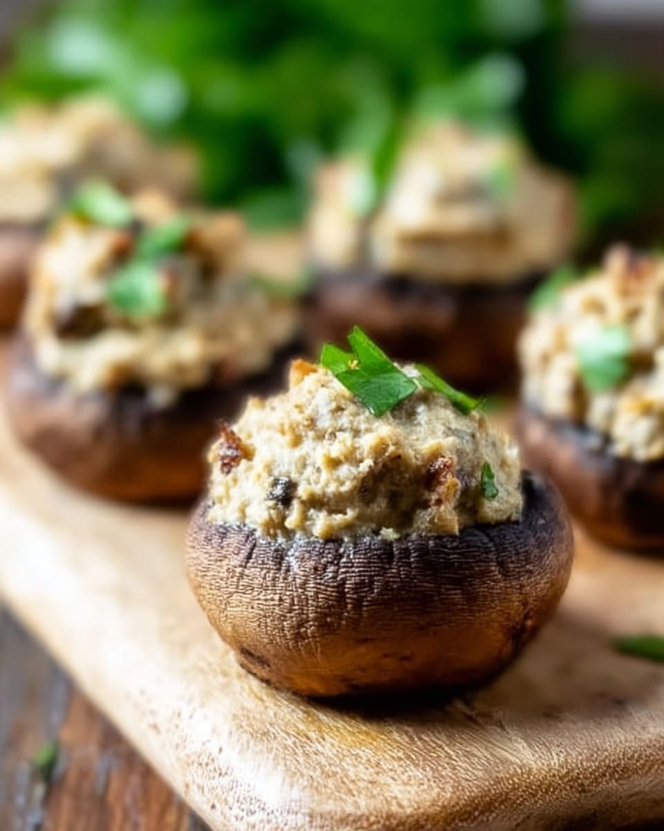 A close-up image of four stuffed mushrooms placed on a light brown wooden board, each mushroom featuring a dark brown cap as the base layer filled with a creamy, beige mixture on top, which appears textured with small bits of ingredients visible. The filling is slightly overflowing and garnished with small bright green herb leaves on top. The background is softly blurred with hints of green foliage, emphasizing the mushrooms in the foreground. The mushrooms are arranged unevenly, with the nearest mushroom sharply in focus. photo taken with an iphone --ar 4:5 --v 7