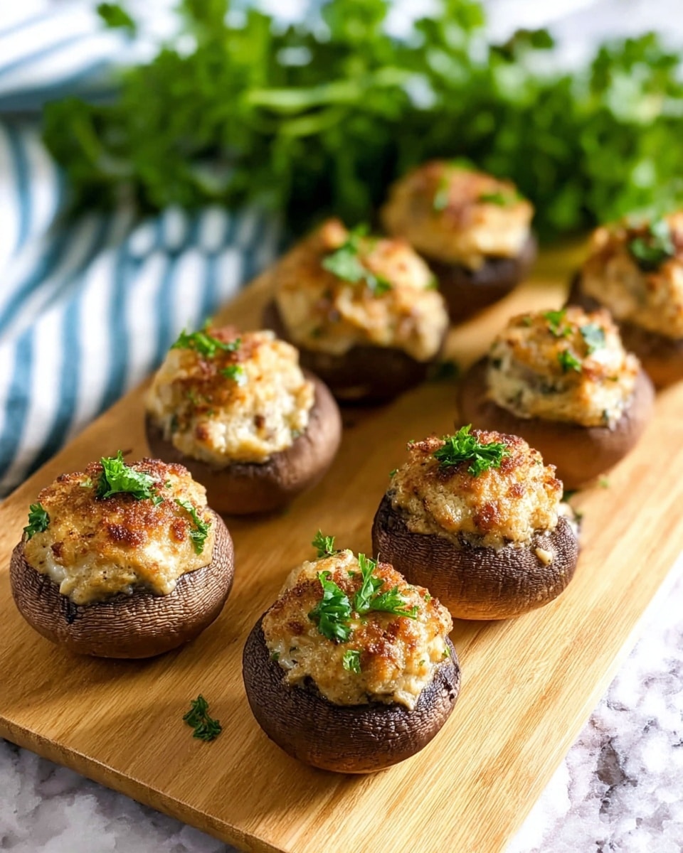 Six stuffed mushrooms are arranged on a light wooden board, each filled with a golden-browned, creamy mixture that has a slightly crispy top. The mushrooms are deep brown with a soft texture, and the stuffing is topped with small green parsley leaves for a fresh touch. In the background, there is a bunch of fresh parsley adding a pop of green, and the whole setting sits on a white marbled surface with a hint of a blue-striped cloth visible at the edge. photo taken with an iphone --ar 4:5 --v 7