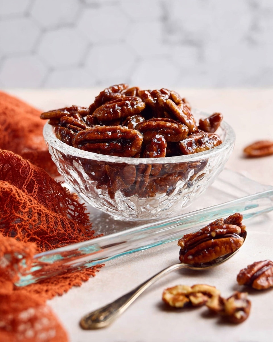 A clear textured glass bowl full of shiny dark brown glazed pecan halves sits on a clear textured rectangular glass plate. In front of the bowl, a silver spoon holds a few more glazed pecans, with some pecans scattered on the plate nearby. A folded orange lace cloth is placed to the lower right, and the background is a soft white marbled texture with a subtle hexagon pattern. photo taken with an iphone --ar 4:5 --v 7