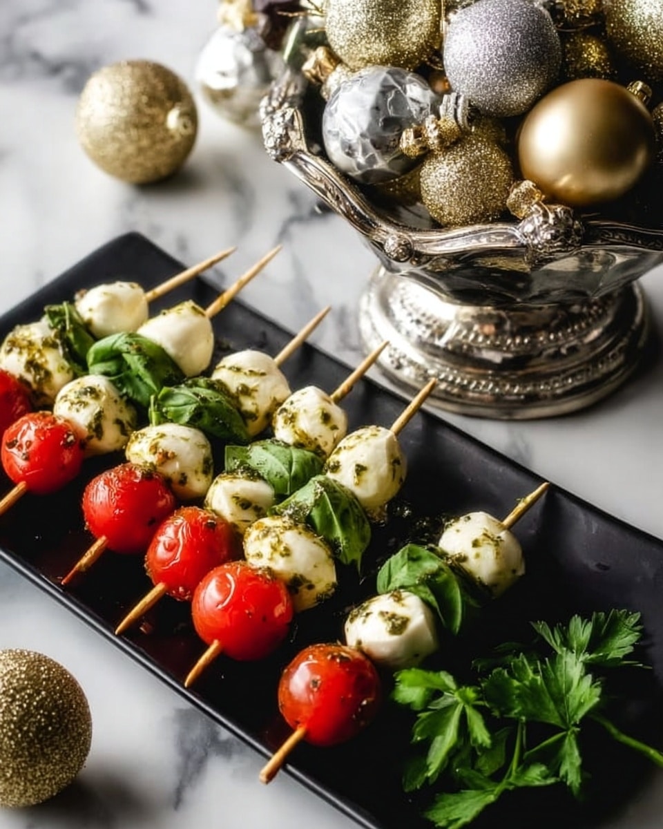 The image shows five wooden skewers on a black rectangular plate, each skewer layered with three sections: bright green basil leaves on the top, smooth white mozzarella balls in the middle, and shiny red cherry tomatoes at the bottom, all sprinkled lightly with herbs and olive oil, garnished with green parsley on the right side of the plate. The plate lies on a white marbled surface next to a silver bowl filled with shiny and glittery gold and silver Christmas ornaments, adding a festive feel. Photo taken with an iphone --ar 4:5 --v 7