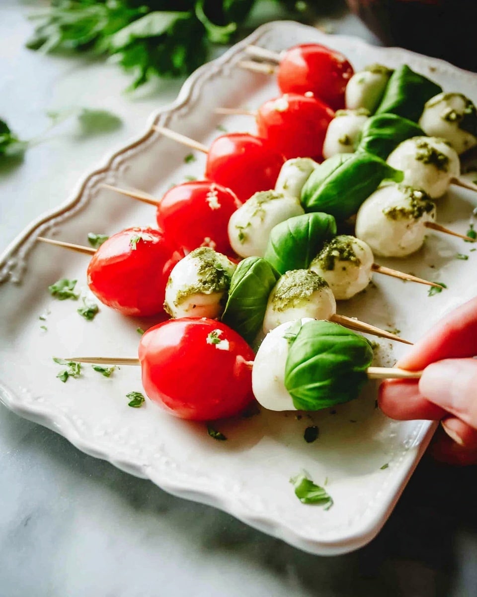 The image shows several skewers arranged on a white rectangular plate with a glossy finish. Each skewer has three layers: a red, shiny grape tomato on the bottom, a smooth, white mozzarella ball in the middle, and a bright green, slightly wrinkled basil leaf on top. The layers give a fresh and colorful mix of red, white, and green. There are small bits of green herbs sprinkled over the cheese and basil, adding texture. The plate is on a white marbled surface, with some green herbs scattered on the side, adding extra color. A woman's hand is gently holding one skewer in the front. Photo taken with an iphone --ar 4:5 --v 7
