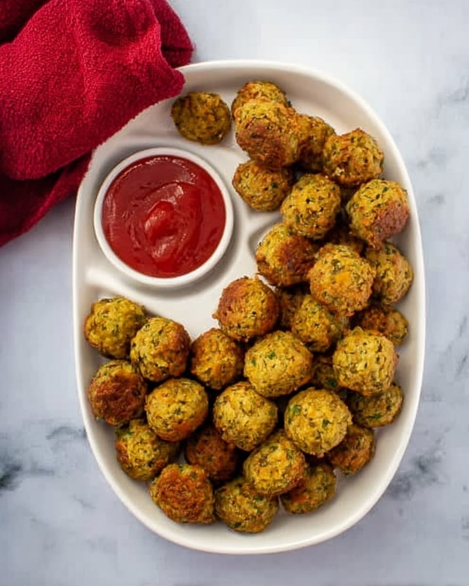 A white divided plate filled with two layers of small, round golden-brown falafel balls that show a slightly rough texture and some green flecks, arranged in the bigger section. The smaller section holds smooth, bright red ketchup sauce. A woman's hand holds a red cloth napkin near the top left corner of the image, which is placed on a white marbled surface. photo taken with an iphone --ar 4:5 --v 7