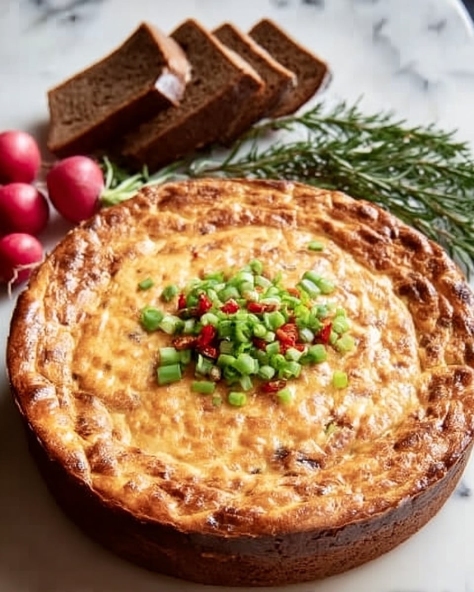 A deep-dish pie with a golden-brown top layer that looks creamy and slightly browned, showing a thick crust around the sides with darker baked edges. In the center, there is a small pile of chopped green vegetables mixed with bits of red pieces, adding a fresh pop of color. Behind the pie, there is a white plate stacked with round multigrain crackers and some green herbs with red berries. A green decorative figure shaped like a Christmas tree is also in the background. The pie sits on a wooden board over a white marbled surface. Photo taken with an iphone --ar 4:5 --v 7