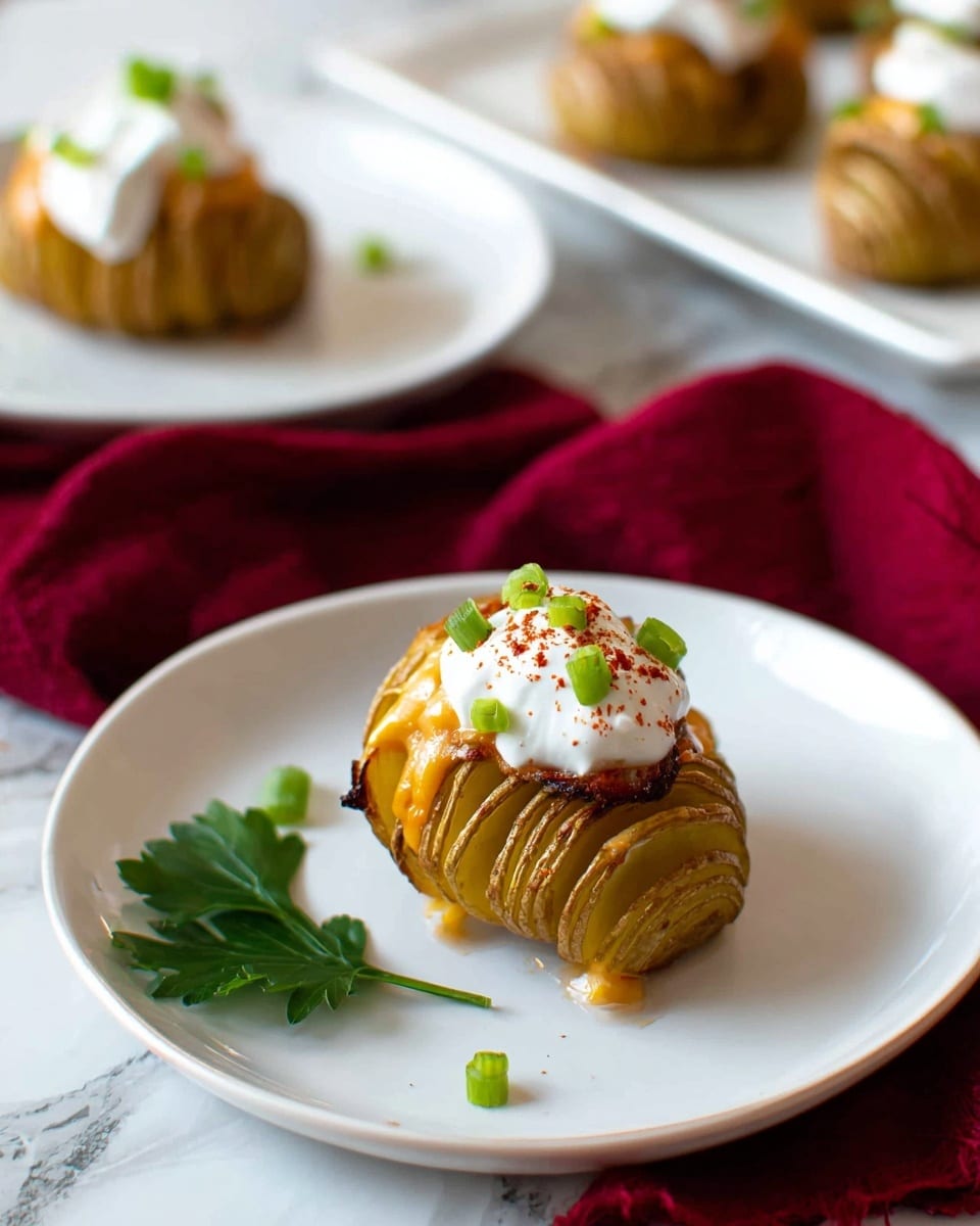 The image shows a small, roasted hasselback potato placed in the center of a round white plate. The potato has thin, even slices creating a layered texture, with a golden-brown color and melted cheese draped between the layers. On top, there is a dollop of white sour cream, sprinkled with reddish-brown paprika and garnished with small, bright green chopped scallions. A single flat green parsley leaf is placed under the potato beside it on the plate. In the background, there is another white plate with similar potatoes, all placed on a white marbled surface with a folded deep red cloth napkin nearby. Photo taken with an iphone --ar 4:5 --v 7