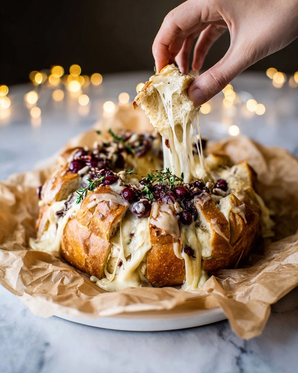 A torn bread ring with a golden crust is filled with gooey melted cheese stretched as a woman's hand pulls a piece from it; inside the bread are layers of melted cream cheese mixed with small red berries and bits of nuts, topped with scattered dark red berries and fresh green thyme sprigs, all resting on crumpled brown parchment paper on a white plate, placed on a white marbled surface with soft, warm string lights blurred in the background, photo taken with an iphone --ar 4:5 --v 7