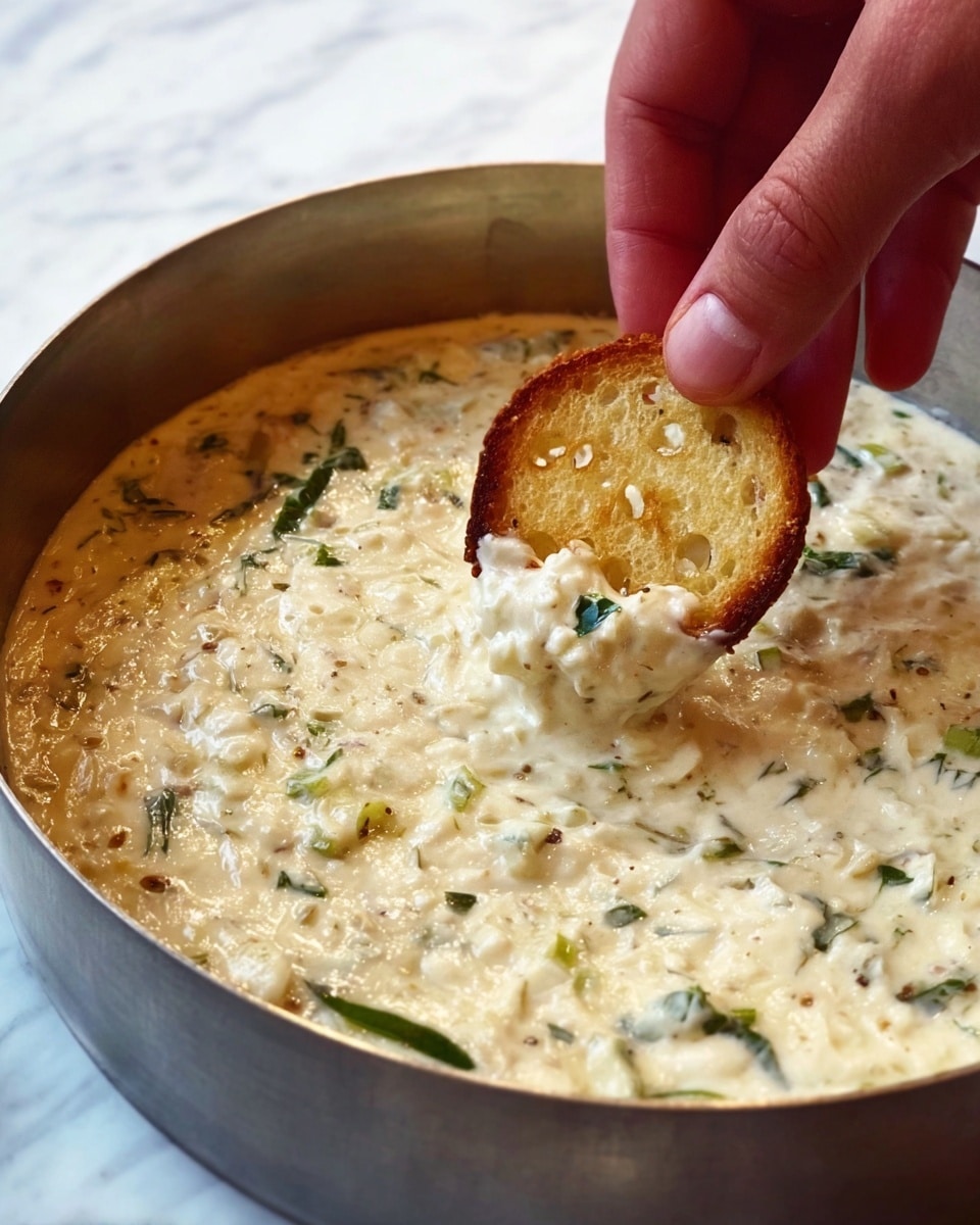 A close-up image shows a metal bowl filled with a creamy mixture that is light beige in color with small green and darker specks throughout, likely herbs or vegetables. A woman's hand is dipping a small round toasted bread slice, golden brown with tiny holes and a crisp texture, into the creamy mixture. The bowl is placed on a white marbled surface. photo taken with an iphone --ar 4:5 --v 7