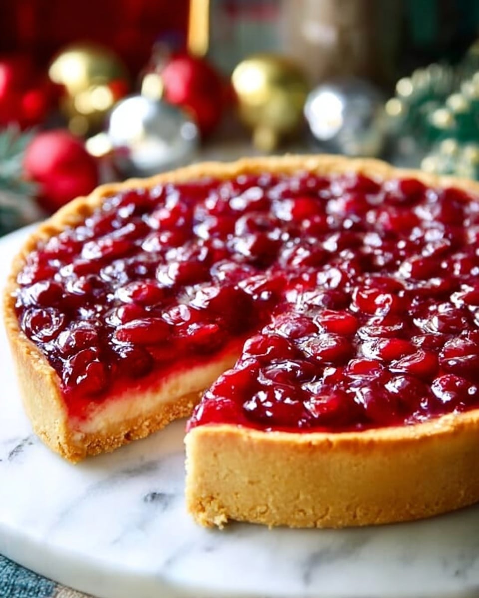 The image shows a round tart with three main layers. The base layer is a thick, golden brown crust with a smooth, slightly crumbly texture forming the tart's edge. The middle layer is filled with a deep red cherry mixture that looks soft and juicy, visible through a glossy, clear red glaze covering the top layer. The tart is placed on a white marbled surface with festive decorations blurred in the background. Photo taken with an iphone --ar 4:5 --v 7