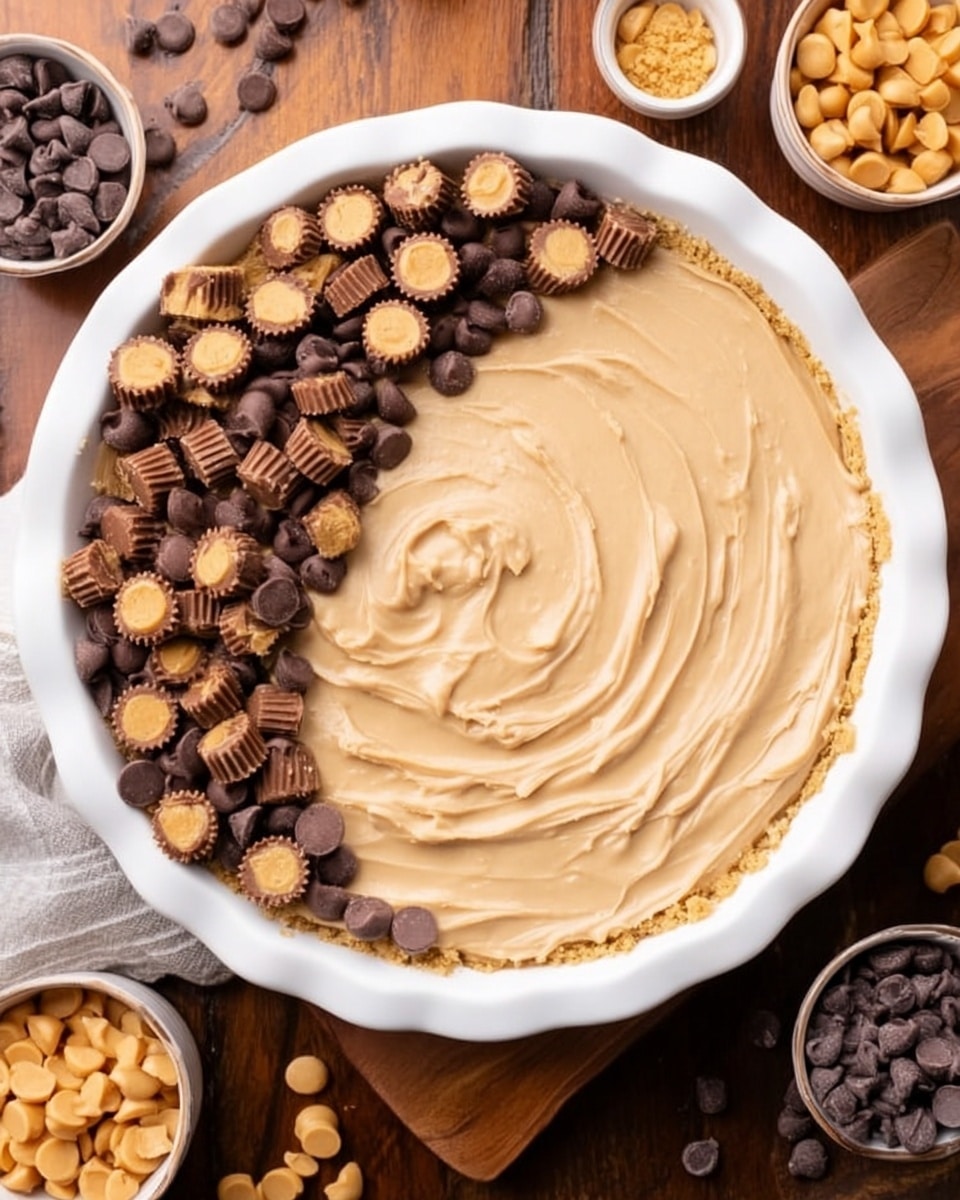 A white round pie dish holds a single-layer creamy peanut butter mixture with a smooth, slightly swirled texture filling the whole dish. On the top left side, there is a generous cluster of mini peanut butter cups, peanut butter chips, and dark chocolate chips scattered close together, creating a dark brown and tan contrast against the light peanut butter base. The dish sits on a wooden surface with small bowls of chocolate chips and peanut butter chips around it. Photo taken with an iphone --ar 4:5 --v 7