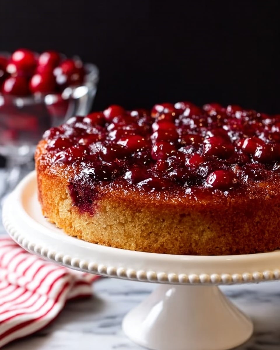 A round upside-down cake sits on a white cake stand with a decorative edge, showing a thick, golden brown base layer and a top layer of glistening red cherries that look soft and juicy. The cherries cover the whole top surface with some syrup shining under the light, making it look sticky and sweet. In the background, there is a clear bowl full of similar red cherries on a white marbled surface with a red and white striped cloth under it, adding some color contrast. The background behind is dark, making the cake the main focus. photo taken with an iphone --ar 4:5 --v 7