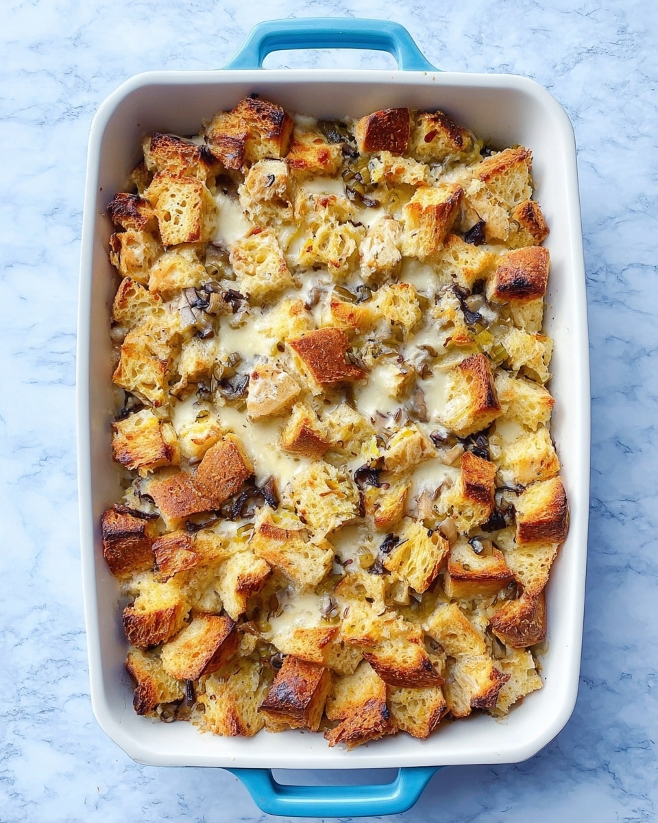 A white casserole dish with a blue handle holds a layered stuffing bake with golden brown toasted bread cubes scattered throughout. The dish shows a mix of crunchy, dark brown bits and soft, pale yellow crumbly pieces with some small chunks of celery or similar vegetable visible inside. A few fresh green sage leaves sit on top as decoration. Part of the stuffing is scooped out, revealing a thick texture inside. The dish sits on a white marbled surface next to a pair of crusty golden round loaves of bread and a blue-striped cloth with a metal spatula resting on it. photo taken with an iphone --ar 4:5 --v 7