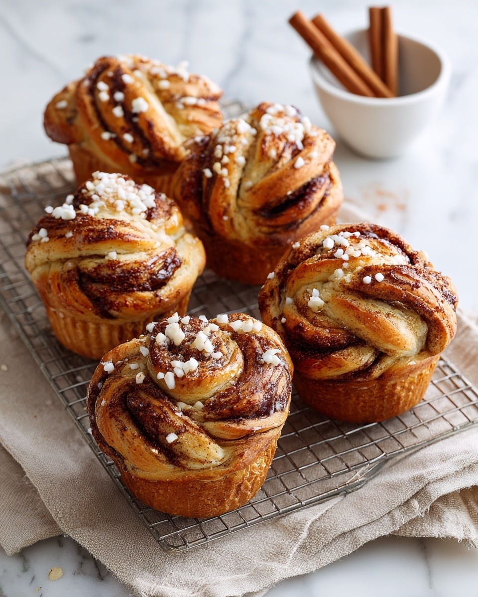 The image shows six cinnamon roll muffins on a metal cooling rack placed over a beige cloth on a white marbled surface. Each muffin has multiple layers of golden-brown dough twisted with dark brown cinnamon sugar, with some white sugar crystals sprinkled on top. The muffins are puffy with an irregular, folded texture, showing both soft dough folds and cinnamon filling swirls. In the background, there is a small white bowl containing two cinnamon sticks resting on the same white marbled surface. photo taken with an iphone --ar 4:5 --v 7