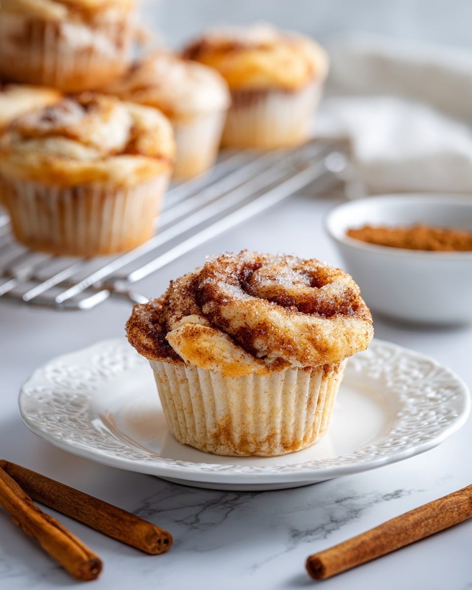 A close-up of a single cinnamon roll muffin is placed on a white plate with a delicate lace-like edge, showing multiple twisted layers of light golden-brown dough intertwined with darker cinnamon filling. The texture looks soft and fluffy with a slightly crispy surface and a sprinkling of coarse sugar on top. In the background, more muffins rest on a shiny metal cooling rack sitting on a white marbled surface, with two cinnamon sticks crossing nearby and a small white bowl filled with cinnamon powder partially visible. Photo taken with an iphone --ar 4:5 --v 7