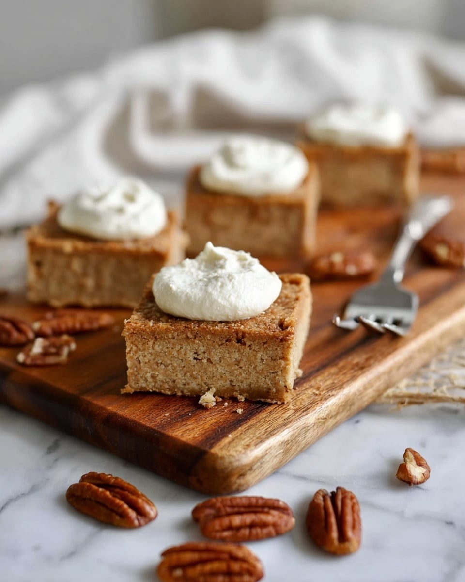 A wooden board holds four square pieces of brown cake with a crumbly texture, each showing bits of nuts inside; the front piece has a dollop of white whipped cream on top, while the board is decorated with whole pecans scattered around. The background features a blurred white cloth and the surface underneath the board looks like a white marbled texture. photo taken with an iphone --ar 4:5 --v 7