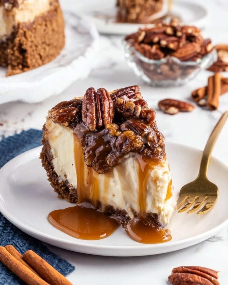 A slice of pie on a white plate with a thick, crumbly brown crust at the base and sides, filled with a pale creamy layer that looks soft and smooth. On top, there is a generous layer of shiny caramel sauce dripping down around large, glossy toasted pecans that cover the entire surface. A gold fork rests on the plate near the pie slice. The background shows a white marbled texture with some cinnamon sticks, scattered pecans, a small glass bowl filled with pecans, and a blurry white plate in the distance. photo taken with an iphone --ar 4:5 --v 7