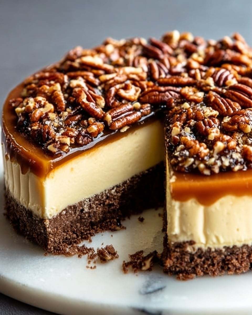 A close-up image of a cheesecake sliced to show its layers on a white marbled surface. The bottom layer is a dark brown crumbly crust, topped by a thick, smooth, pale cream cheesecake layer. On top of the cheesecake is a thin, glossy caramel layer, which is covered with a generous amount of whole pecans and small pecan pieces, giving the top a textured, nutty look. The rich colors and textures of the layers are clear and inviting. Photo taken with an iphone --ar 4:5 --v 7