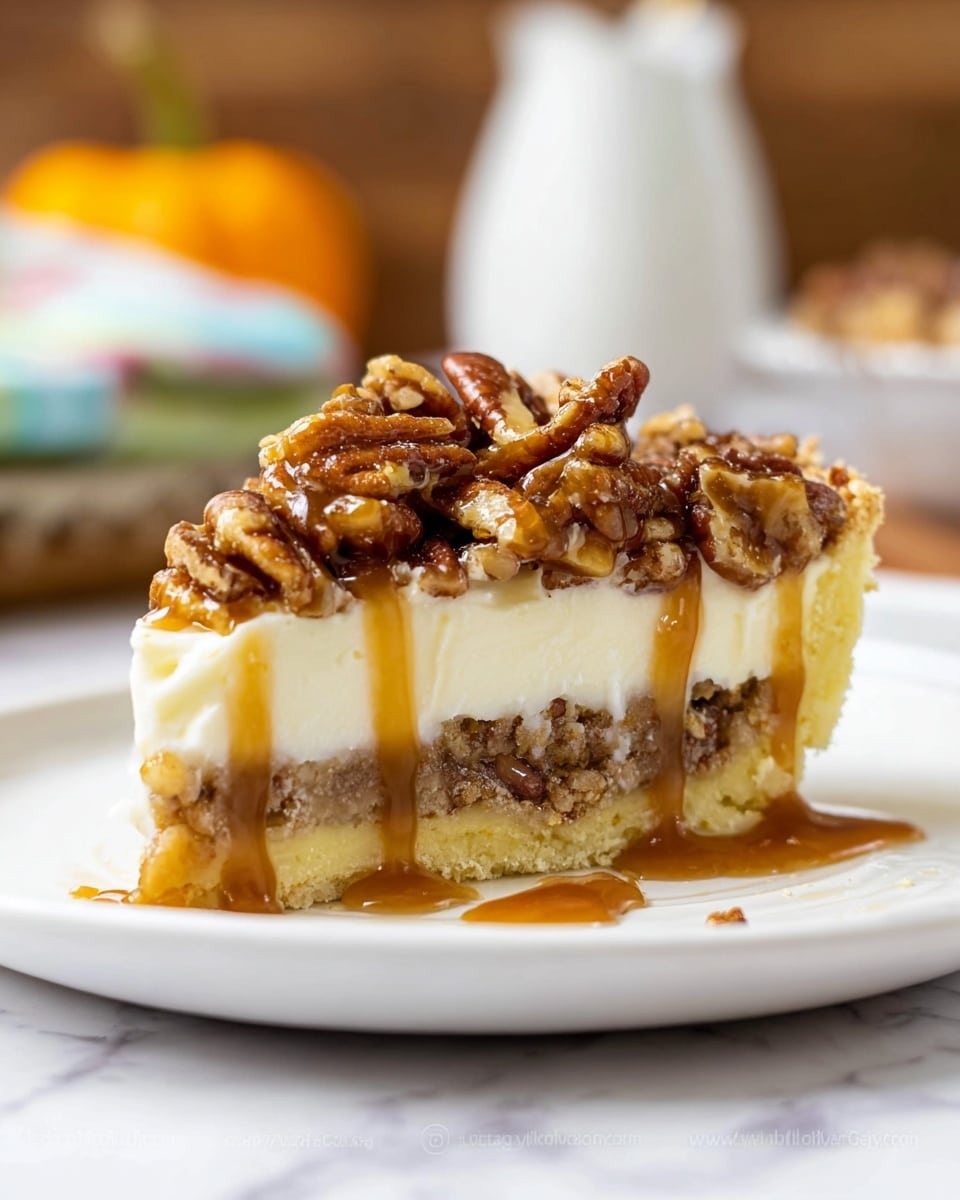 A slice of layered pie is shown on a white plate. The bottom layer is a pale yellow crust with a slightly crumbly texture. Above it is a light brown layer with small bits inside, followed by a thick creamy white layer. The top layer is a generous heap of chopped, toasted pecans that are shiny and brown. Caramel sauce is drizzled over the nuts and the plate, catching the light. The white plate sits on a white marbled surface with blurred objects in the background. photo taken with an iphone --ar 4:5 --v 7