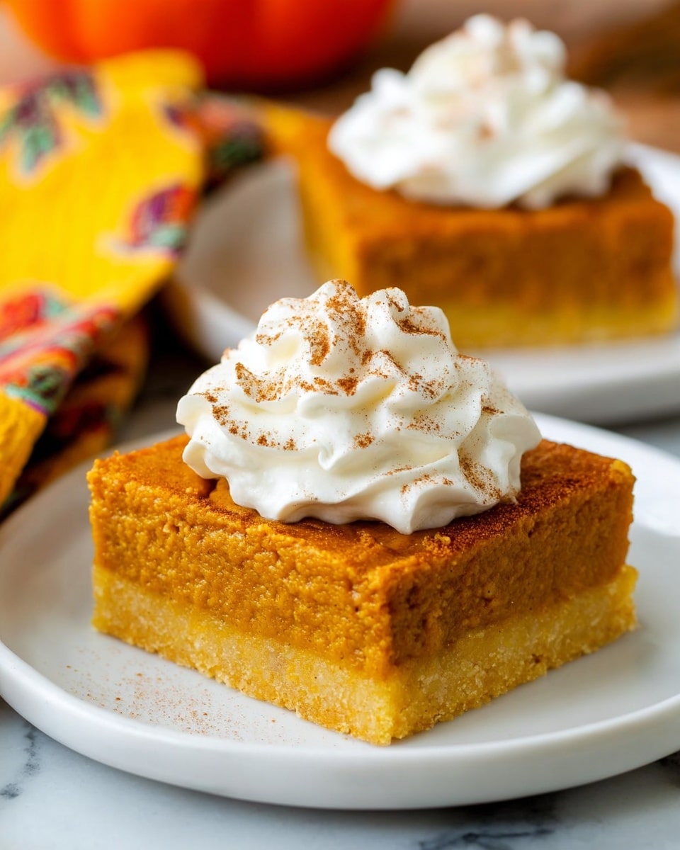 A square slice of orange pumpkin pie with a slightly textured and moist top layer sits on a white plate. The pie has two layers: a thick, smooth pumpkin filling on top and a lighter, crumbly pie crust at the bottom. On top of the pumpkin layer, there is a swirl of white whipped cream sprinkled with a light dusting of cinnamon. In the background, part of another white plate with a similar slice is visible along with a colorful sunflower patterned cloth. The surface under the plate is a white marbled texture. Photo taken with an iphone --ar 4:5 --v 7