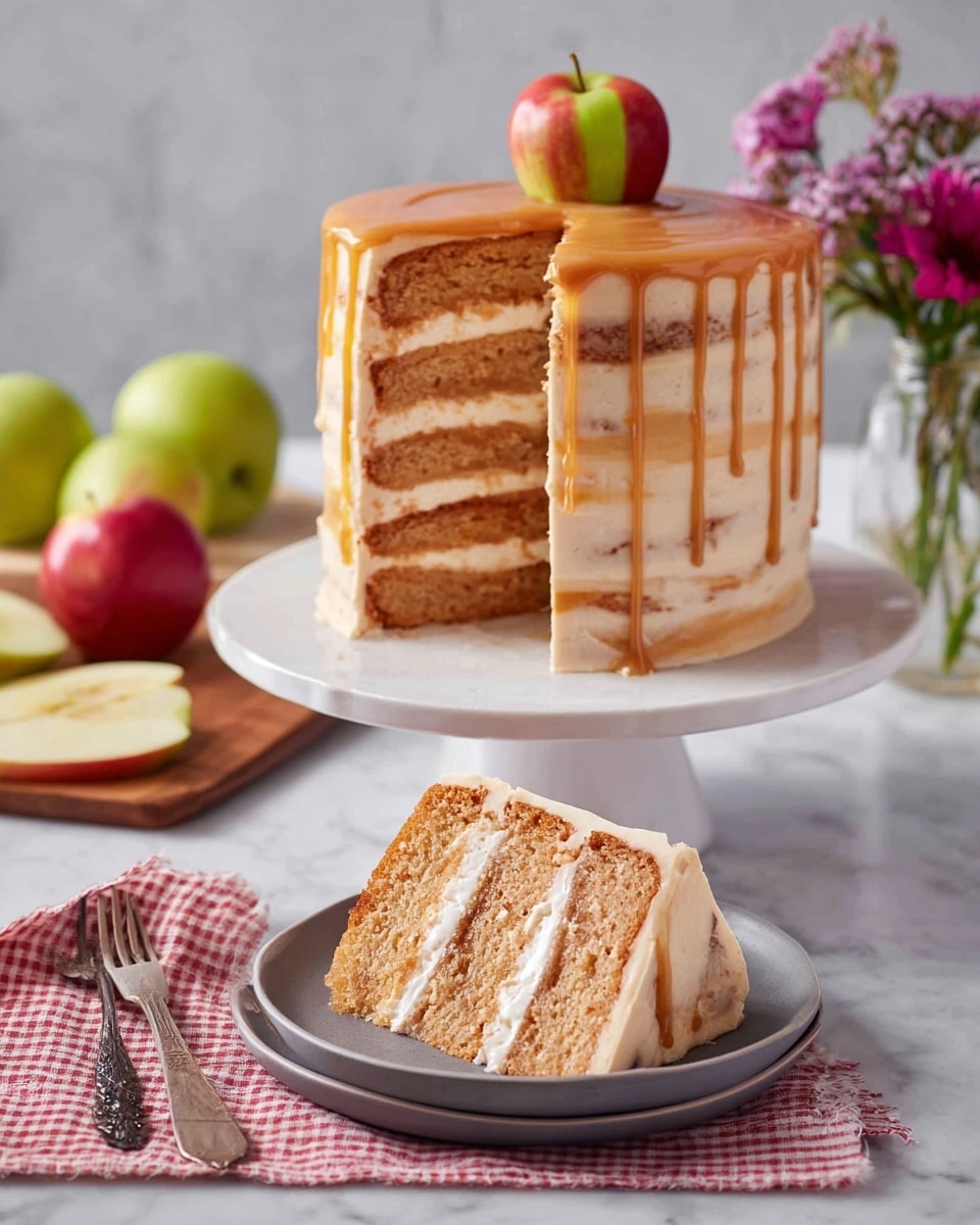 A tall cake with three thick layers of brownish apple-flavored sponge, each layer separated by a smooth light beige cream filling, stands on a white cake stand. The cake is coated with the same light beige cream, with a caramel-colored glaze dripping down the sides from the top. A small red and green apple sits on the top center of the cake. In the front, a slice of the same cake sits on a dark gray plate, showing the three layers and cream clearly, with a glossy caramel topping. The scene is set on a white marbled surface, with some whole and sliced green apples on a wooden board in the background, a folded pink and beige striped cloth with a gold fork beside the plate, and a small glass vase with purple and pink flowers slightly out of focus. Photo taken with an iphone --ar 4:5 --v 7