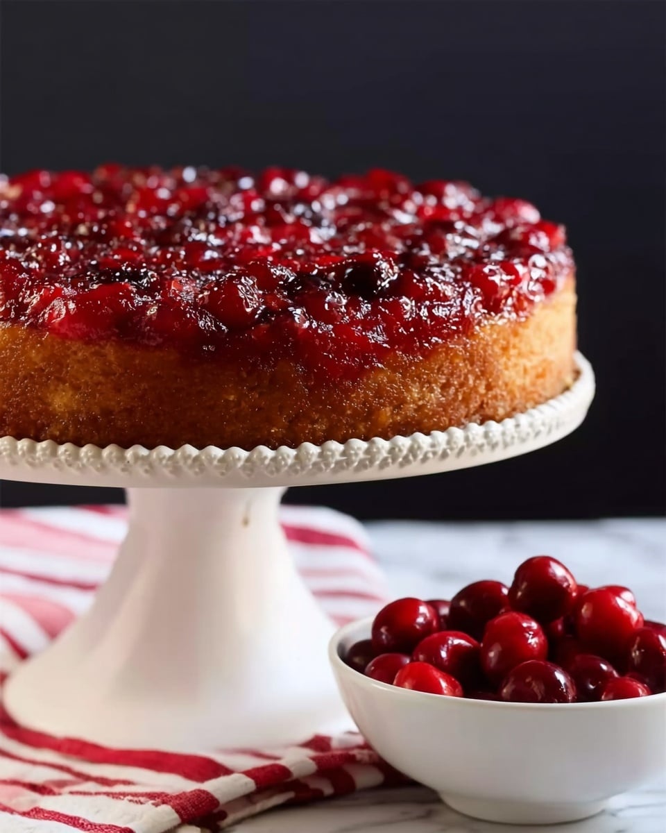 A single-layer upside-down cake with a golden brown base topped with a thick layer of glossy, deep red and dark brown baked cranberries that look sticky and slightly caramelized. The cake sits on a white decorative plate with raised dots along the rim. The plate is placed on a white marbled surface with a red and white striped cloth underneath. To the right, there is a green pine branch adding a festive touch. The overall look is warm and inviting, showing a textured fruit topping densely packed on the top layer. photo taken with an iphone --ar 4:5 --v 7