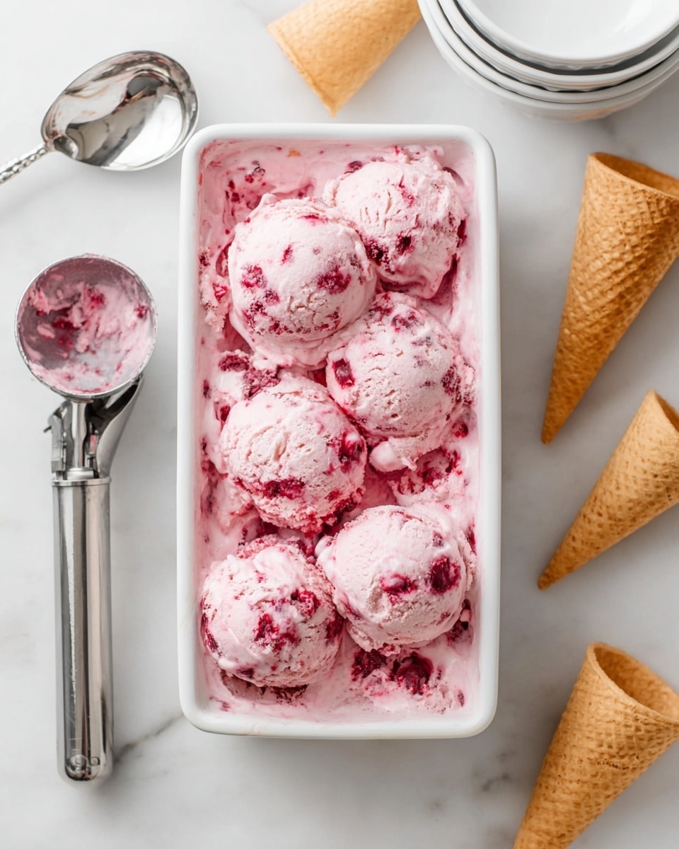 A white rectangular container filled with pink ice cream that has red berry swirls mixed in. There are six round scoops of the ice cream placed on top, showing a creamy and slightly chunky texture. The container sits on a white marbled surface with three empty waffle cones around it. A metal ice cream scoop with some of the pink ice cream on it lies to the left, and two shiny silver spoons are above the container. A stack of white bowls is seen in the upper right corner. photo taken with an iphone --ar 4:5 --v 7