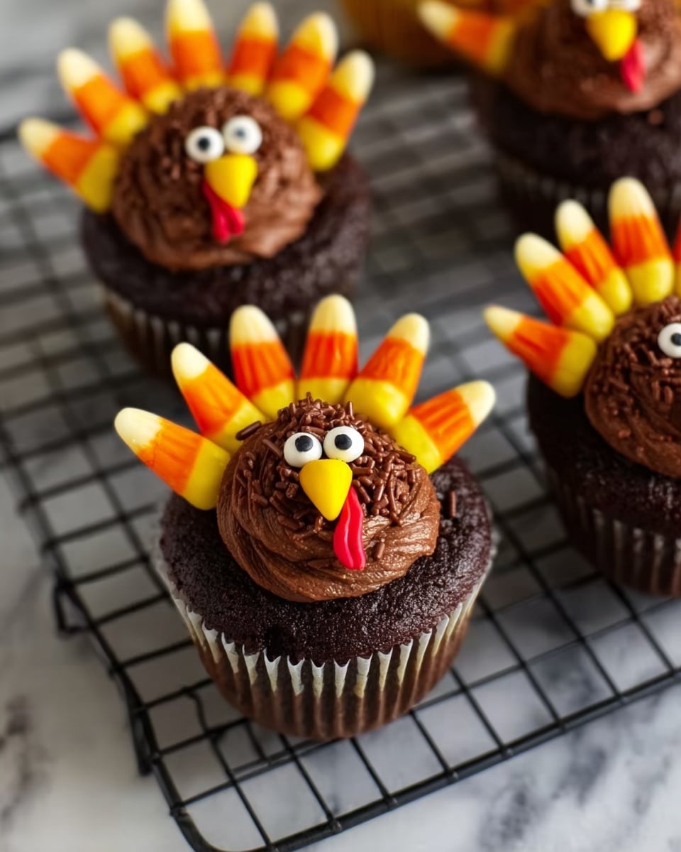 The image shows three chocolate cupcakes decorated to look like turkeys, placed on a black cooling rack over a white marbled surface. Each cupcake has one thick layer of dark brown chocolate frosting with chocolate sprinkles on top. The turkeys’ eyes are made with white and black candy pieces, positioned near the front center of each cupcake. Candy corn pieces create the turkey feathers, arranged in a fan shape at the top back edge of the cupcakes, showing their bright yellow, orange, and white colors. A candy corn piece also forms the turkey’s beak in the front center, and a thin red candy strip represents the wattle, hanging slightly off to the side under the beak. The cupcakes have a rich dark chocolate base visible at the base layer. photo taken with an iphone --ar 4:5 --v 7