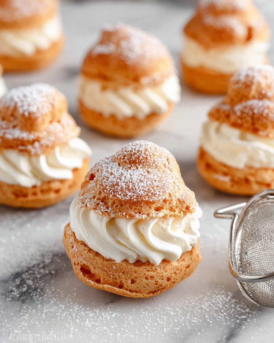 The image shows several small cream puffs arranged on a white marbled surface, each with two layers of golden-brown puff pastry that is light and airy, split in half horizontally. In between the pastry layers is a thick middle layer of white whipped cream with a smooth texture, and an additional layer of light brown filling just below the cream in the puff closest to the front. Each cream puff is lightly dusted on top with powdered sugar, and there is a metal sifter filled with powdered sugar lying nearby. The whole scene is softly lit, focusing on the closest cream puff, with the others softly blurred in the background. Photo taken with an iphone --ar 4:5 --v 7