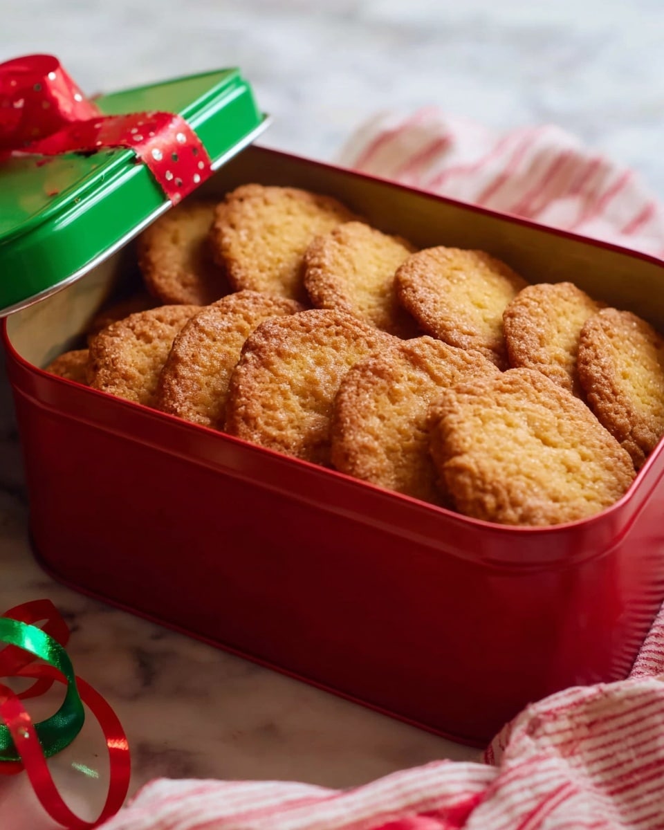 A red metal tin box filled with two layers of golden brown cookies showing a slightly rough texture on top, with the top layer of cookies neatly arranged and slightly overlapping each other. The tin's green lid is off to the side, decorated with curled red and green ribbons that sit partially on the white marbled surface underneath. A red and white striped cloth is partially visible in the lower part of the image near the tin. photo taken with an iphone --ar 4:5 --v 7