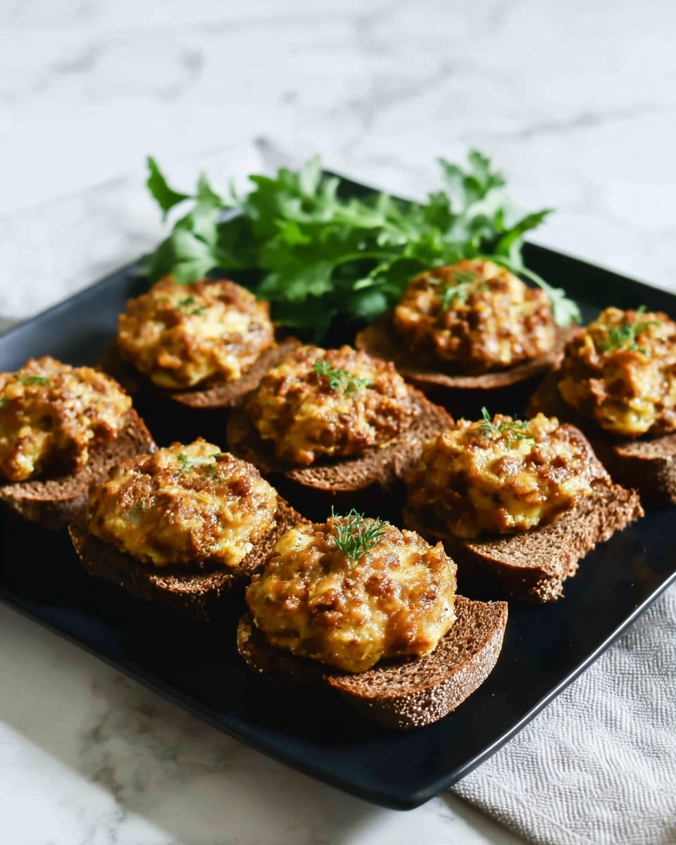 The image shows a black square plate with eight small servings of a cooked dish, each placed on a piece of dark brown bread. Each serving has two layers: the bottom layer is a rough-textured, dark brown bread slice, and on top is a round, golden brown, slightly crispy and chewy baked mixture that appears to have bits of browned meat or vegetables, giving it a textured and uneven surface. Behind the servings, there is a small garnish of fresh green leafy herbs. The entire setup sits on a white marbled surface. photo taken with an iphone --ar 4:5 --v 7