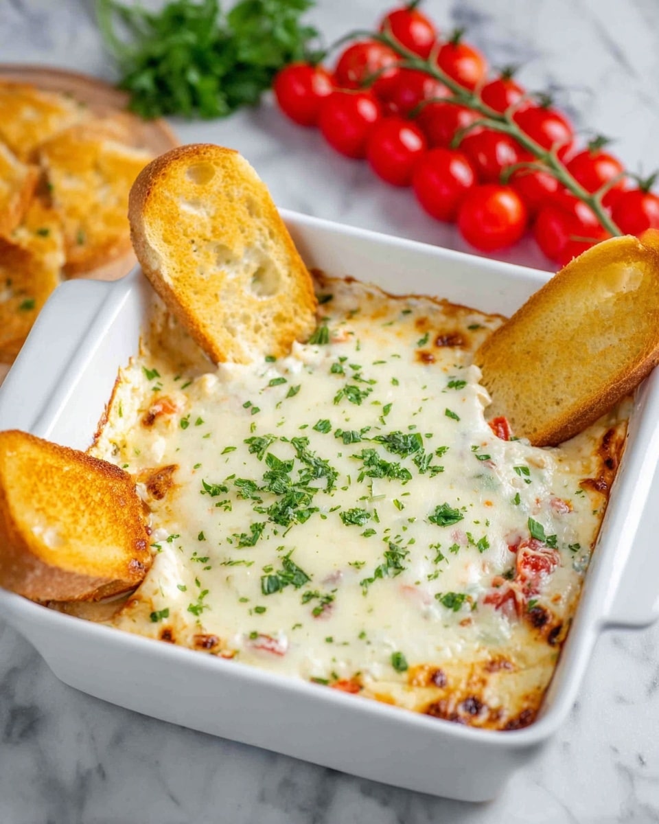 A white square casserole dish holds a creamy dip with two main layers: the bottom layer is mixed with small bits of red tomatoes and green herbs visible at the edges, while the top layer is smooth, melted white cheese sprinkled with fresh green parsley. Three golden-brown toasted bread slices are partially dipped into the cheese layer on the left and right sides of the dish. In the background, a cluster of bright red cherry tomatoes on the vine and some green herbs sit on a white marbled surface. photo taken with an iphone --ar 4:5 --v 7