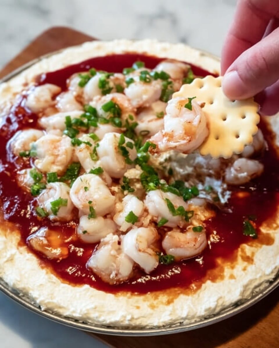 A pizza with three visible layers sits on a white marbled surface: the bottom layer is a thick, pale dough crust with a rough edge, the middle layer is a deep red, smooth tomato sauce spread evenly over the dough, and the top layer is a generous pile of white and light pink shrimp pieces scattered across the sauce, topped with small chopped green onion pieces adding a touch of bright green color. Photo taken with an iphone --ar 4:5 --v 7
