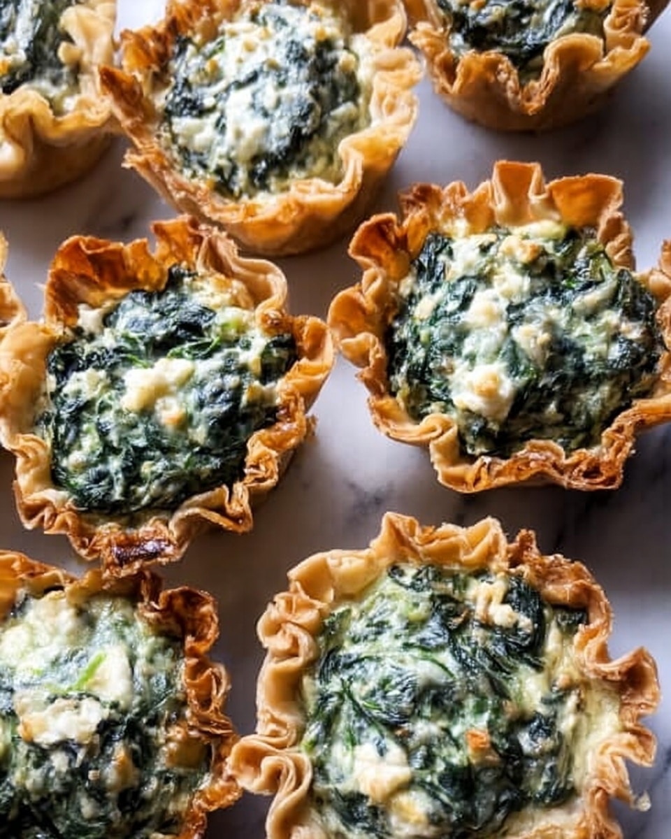 The image shows several small tarts with delicate, crispy golden-brown crusts that have ruffled edges. Each tart is filled with a creamy mix of dark green spinach and white cheese, giving a textured, slightly uneven surface on top. The tarts are arranged closely together on a white marbled surface, filling the frame with their warm, earthy colors and soft, rich filling. The photo taken with an iphone --ar 4:5 --v 7