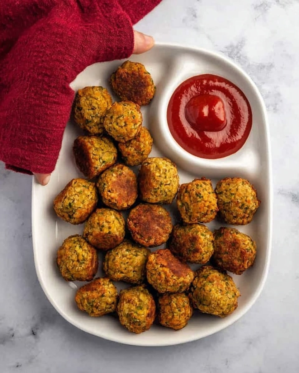 A white divided plate on a white marbled surface holds about 30 small, round falafel balls that are golden brown with a slightly rough texture, spread across the larger section of the plate. The smaller section of the plate contains smooth, thick red ketchup. A woman's hand is holding a red cloth napkin in the top left corner above the plate. Photo taken with an iphone --ar 4:5 --v 7