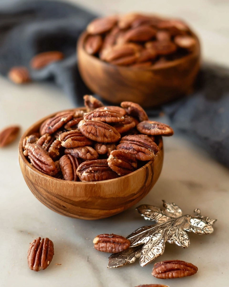 The image shows two small wooden bowls filled with whole pecans, with some pecans scattered around on a white marbled surface. The bowls have a warm brown color that contrasts with the rich reddish-brown pecans. One bowl is positioned in front, filled to the brim, and the second bowl is slightly blurred in the background. Resting on the edge of the back bowl is a silver decorative item shaped like oak leaves and acorns. The whole scene has natural, soft lighting that highlights the textures of the pecans and wood grain. photo taken with an iphone --ar 4:5 --v 7