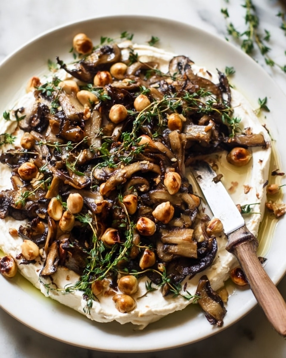 A white plate holds a creamy, soft cheese spread forming the base layer, with its smooth, pale surface slightly melting around the edges. On top, there is a generous layer of mixed sautéed mushrooms that are deep brown with a glossy texture, scattered unevenly. Roasted hazelnuts, golden-brown and roughly chopped, are sprinkled on the mushrooms, adding crunch. Bright green fresh thyme sprigs are spread over the top for color and freshness. A wooden-handled knife rests on the edge of the plate, partially dipped in the melted cheese. The scene is set on a white marbled surface, enhancing the dish’s earthy tones. Photo taken with an iphone --ar 4:5 --v 7