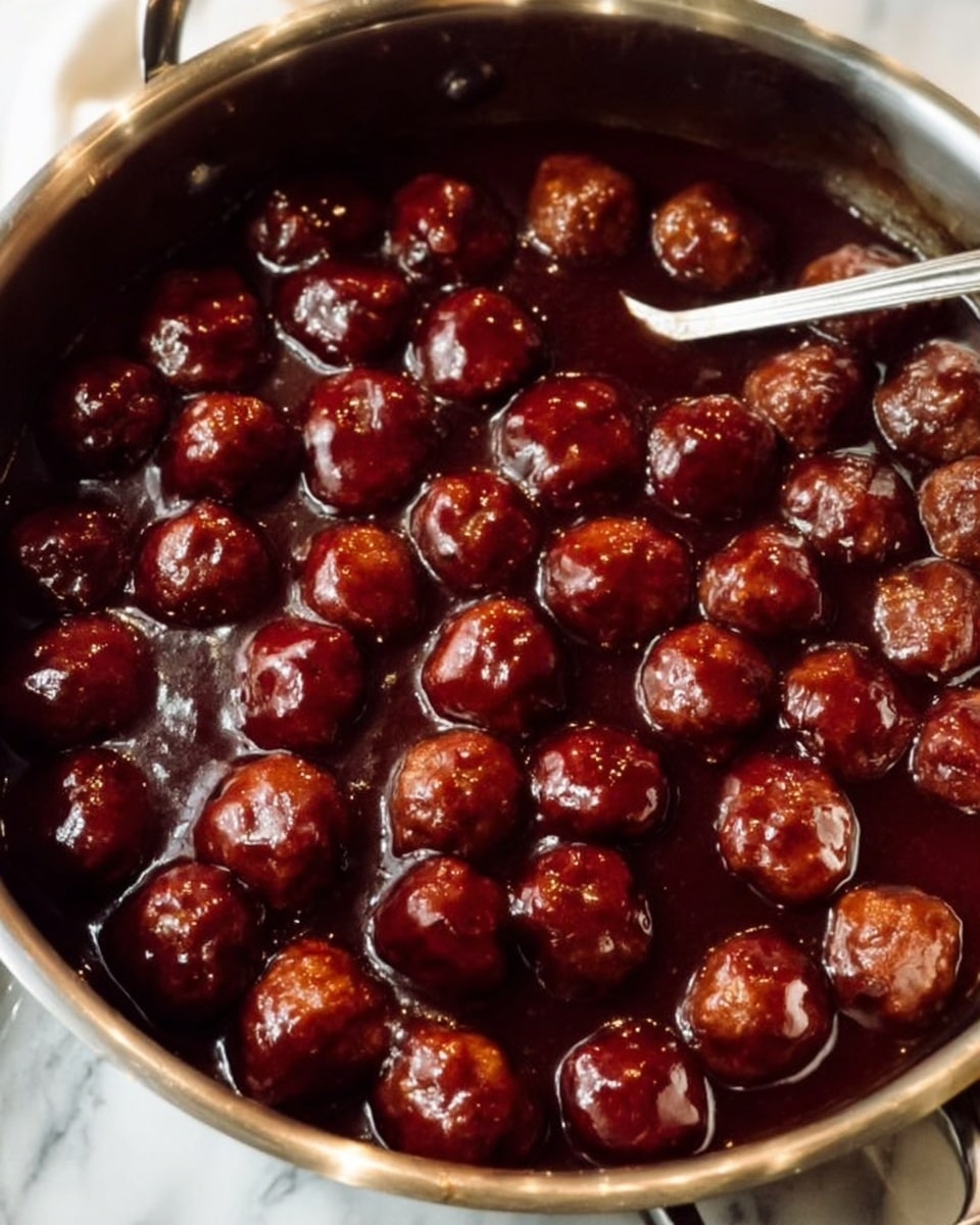 A round stainless steel bowl filled with many small, round meatballs covered in a thick, rich dark brown sauce. The sauce has a shiny, smooth texture, lightly reflecting light on its surface, and the meatballs are cooked evenly with a slightly glossy coating, sitting closely together and mostly submerged in the sauce. The bowl is placed on a white marbled surface, and a stainless steel serving spoon is partially visible inside the bowl. Photo taken with an iphone --ar 4:5 --v 7