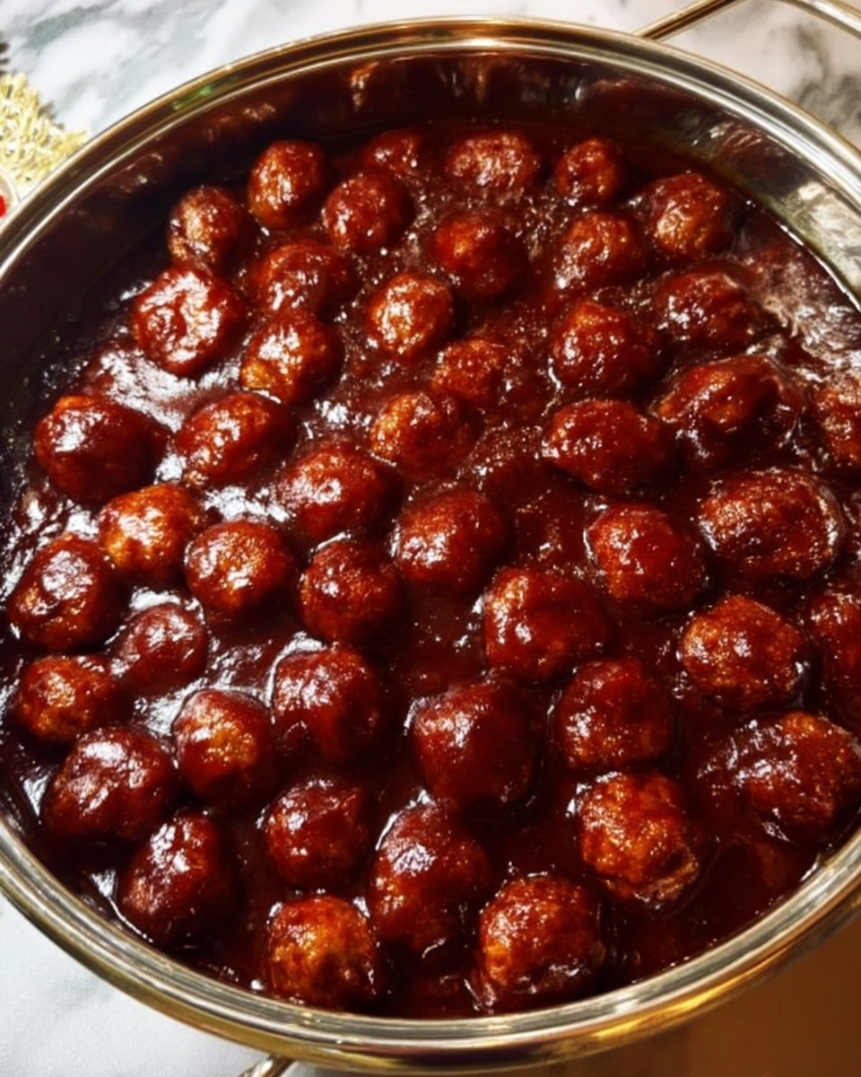 A close-up of a deep round metal dish filled with many small round meatballs that are fully covered in a thick, dark reddish-brown sauce. The surface of the sauce is shiny and smooth, slightly reflecting light, with the meatballs evenly spread and slightly sticking out from the sauce. The dish sits on a white marbled surface. photo taken with an iphone --ar 4:5 --v 7