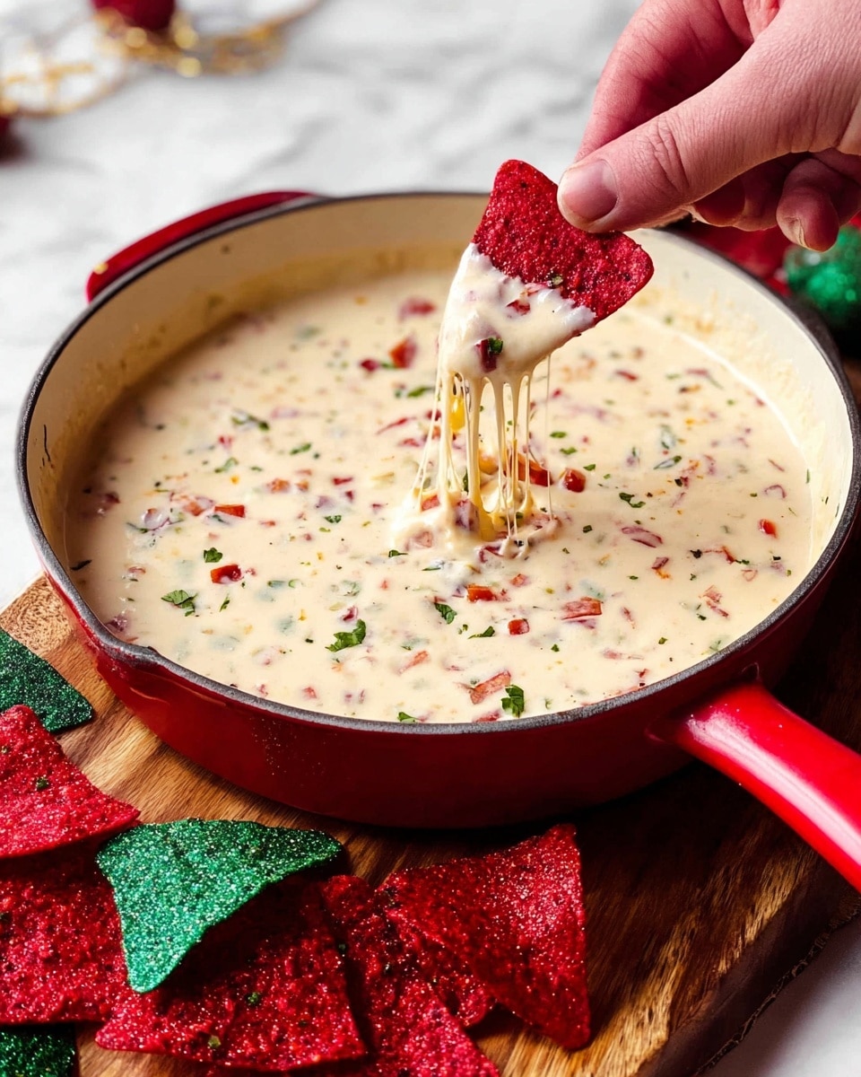 A round white pan with a red handle sits on a wooden board over a white marbled surface, filled with a smooth, creamy queso dip that is off-white with small pieces of red, green, and darker bits scattered throughout, showing a thick and cheesy texture. A woman's hand is dipping a bright red triangular chip into the dip, lifting a cheesy string with bits of peppers and other ingredients visible. Around the pan are more red and green triangular chips adding vibrant color to the scene. Photo taken with an iphone --ar 4:5 --v 7