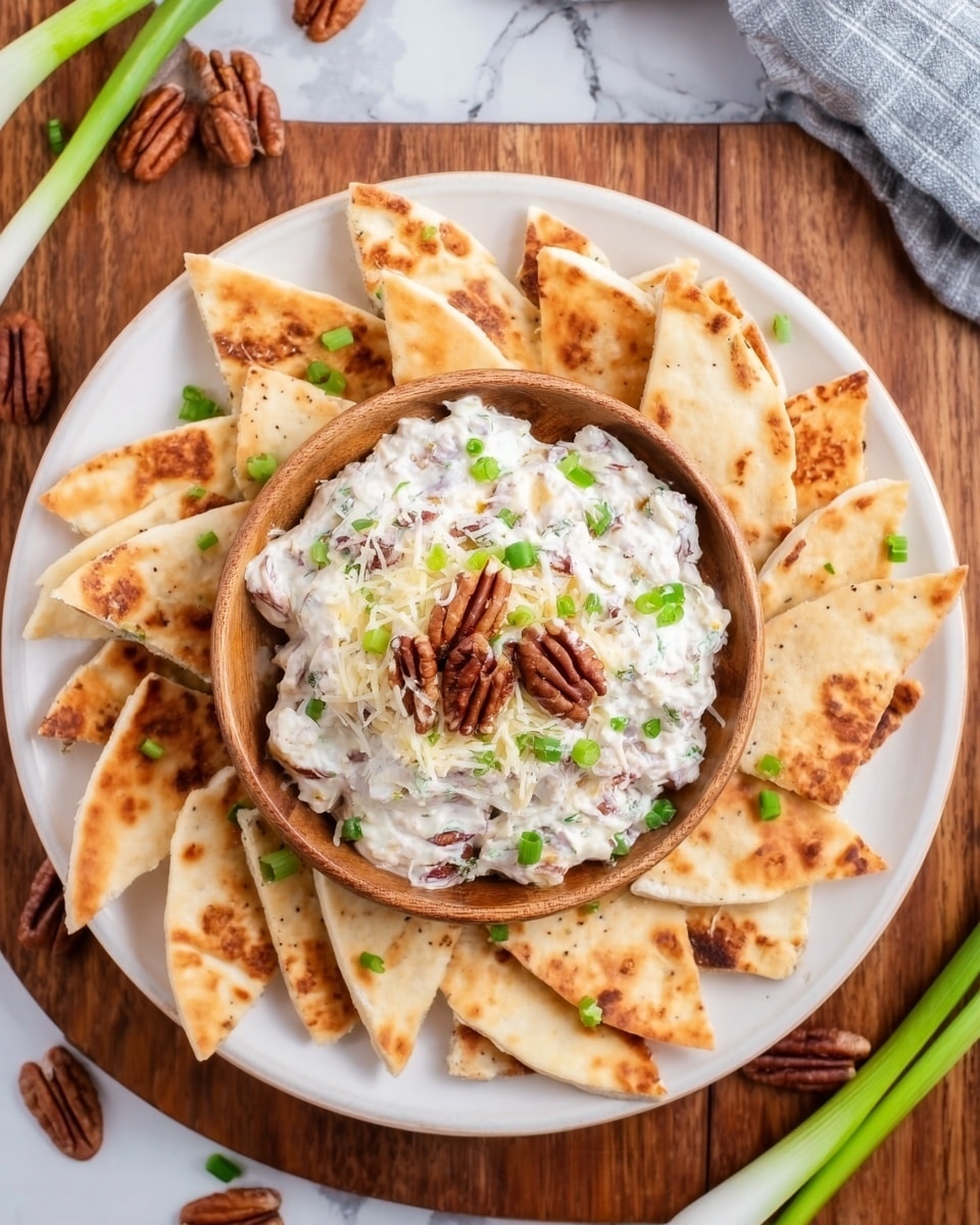 The image shows a round white plate filled with triangular pieces of toasted flatbread arranged in a circle around a small wooden bowl. Inside the bowl is a creamy, white dip mixed with small chunks, topped with shredded cheese, chopped green onions, and pecan pieces for garnish. The plate sits on a wooden surface with pecans scattered nearby and green onions placed on the side, all against a white marbled background. photo taken with an iphone --ar 4:5 --v 7