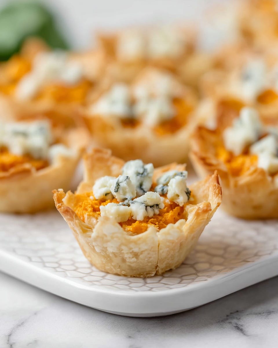 The image shows small bite-sized tartlets arranged on a white plate with a slight geometric pattern, set on a white marbled surface. Each tartlet has a flaky, golden-brown outer shell that is crinkled and thin. Inside, there is a creamy, slightly textured orange layer topped with small crumbles of white and blue-veined cheese, giving a mix of smooth and crumbly textures. The tartlets are closely placed, with soft focus on some in the background, highlighting the front tartlet’s detailed edges and cheese topping. Photo taken with an iphone --ar 4:5 --v 7