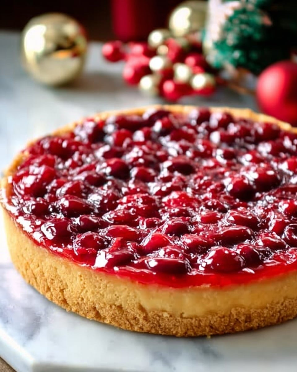 The image shows a cherry pie with a thick, golden brown crust forming a deep edge, filled with a shiny, bright red cherry topping that covers the whole surface in a bumpy texture from the cherries. The pie sits on a light beige cloth, with a blurred green glass Christmas tree decorated with small red spots in the background. The scene is set on a white marbled surface. photo taken with an iphone --ar 4:5 --v 7
