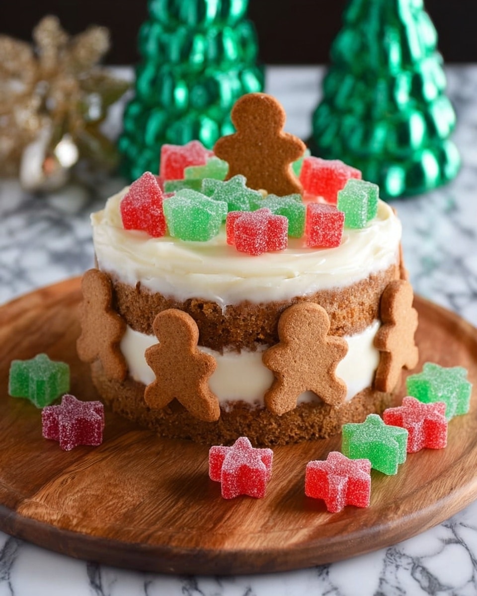 A small two-layer cake with light brown cake layers and white frosting in between and on top. Around the side of the cake, gingerbread cookies shaped like little people are placed standing next to each other, slightly overlapping the white frosting. On top of the cake, there is one gingerbread cookie standing up near the back, surrounded by red and green star-shaped gummy candies. More red and green star gummies spill over the edge and onto the wooden board the cake is sitting on. The cake is on a white marbled surface with a green, shiny, decorative Christmas tree in the background. Photo taken with an iphone --ar 4:5 --v 7
