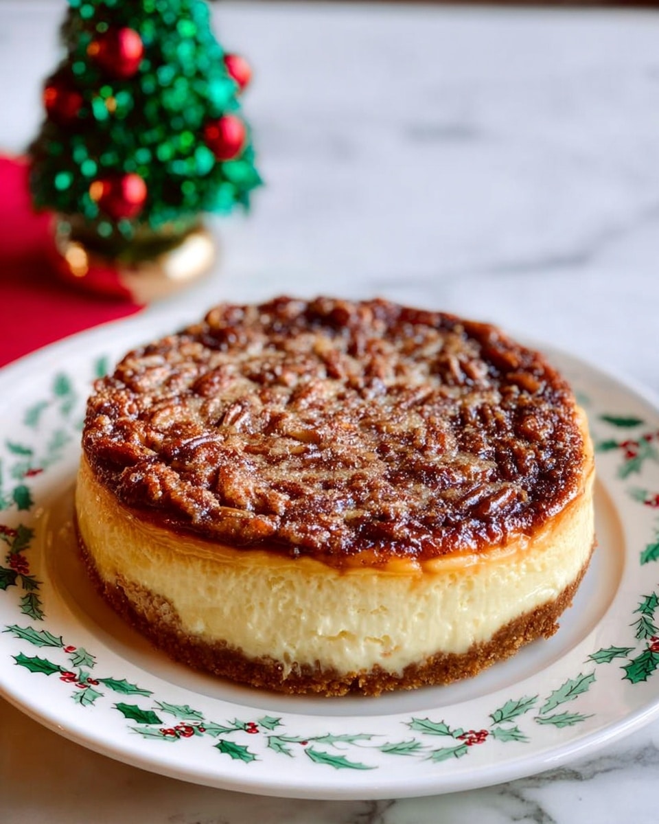 The image shows a round three-layer dessert on a white plate with a holly leaf pattern around the edge. The bottom layer is a golden brown crust, firm and slightly crumbly. The middle layer is creamy and light yellow, smooth and thick, almost like cheesecake. The top layer is a darker brown with a textured surface covered in pecans, looking crunchy and caramelized. The plate sits on a white marbled surface, and in the background, there is a small green Christmas tree decoration with red ornaments. photo taken with an iphone --ar 4:5 --v 7